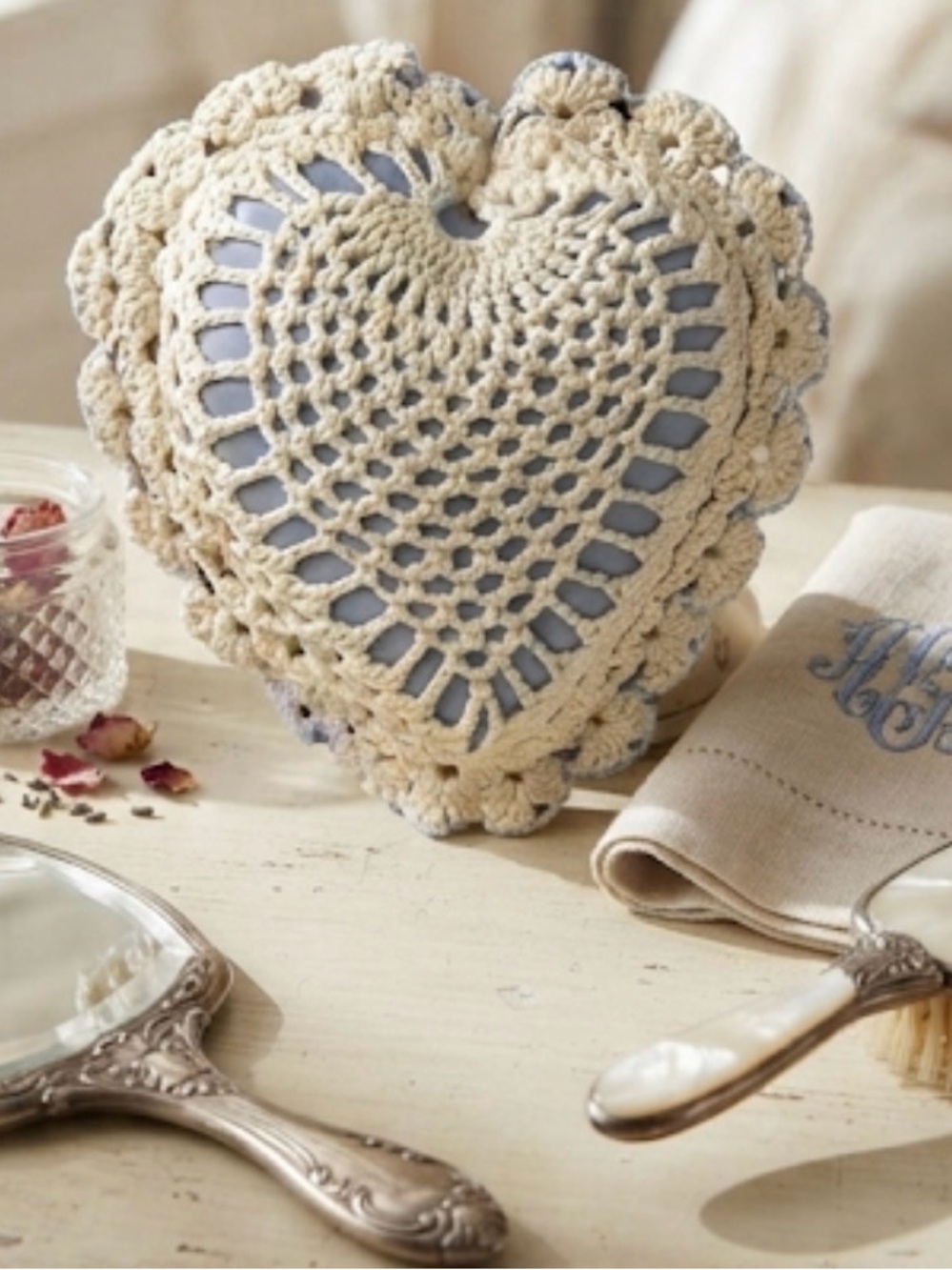 Handmade Crochet Heart Pillow in Cream 6” Ring bearer pillow